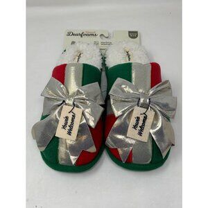 Womens Dearfoams Holiday Slippers W 9-10 Red & Green W/ Silver Bow Memory Foam